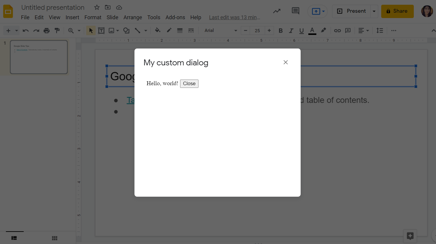 Google Slides Custom Dialog